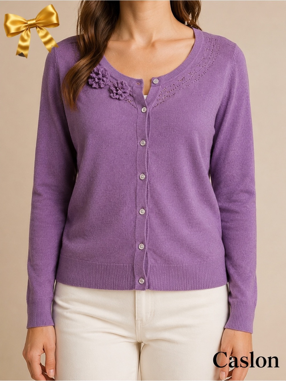Caslon Cashmere Purple Floral Button Front Cardigan L